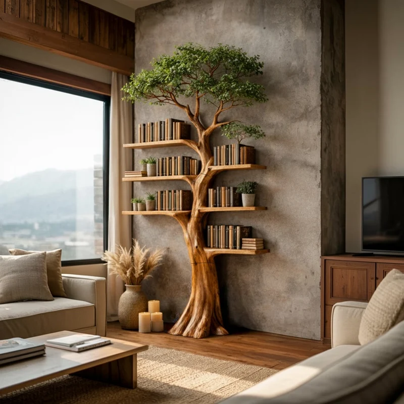 Spry Interior Rustic Artistic Tree Bookshelf, Freestanding Wood Branch Bookcase and Storage Rack for Modern Living Room, SINLKITB652