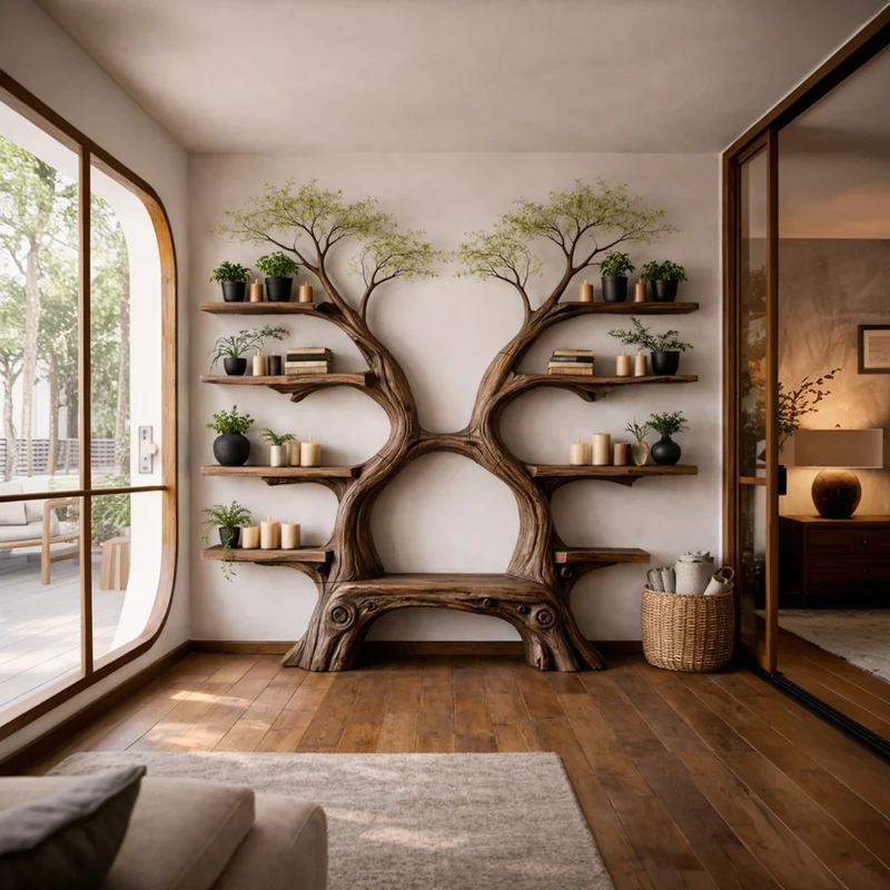 Rustic Artistic Twin Tree Bookshelf With Bench Living Room Interior Centerpiece SINLKITB651