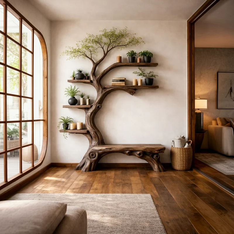 Rustic Artistic Tree Bookshelf Living Room Interior Signature Curved Design SINLKITB650