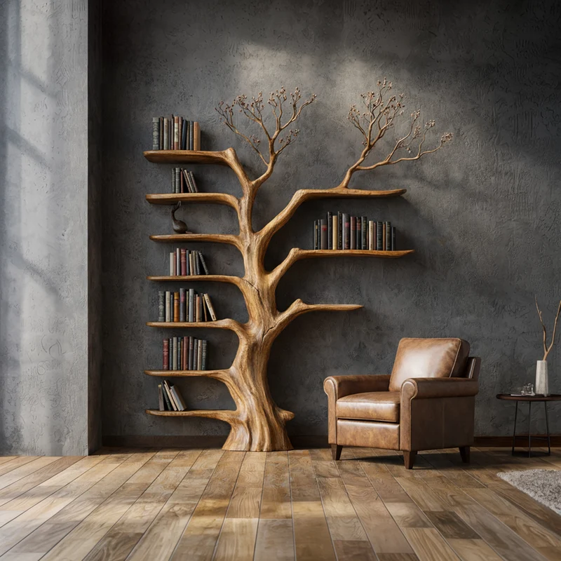 Spry Interior Rustic Tree Bookshelf, Wall Mounted Solid Wood Branch Book Rack, Signature Decorative Furniture for Living Rooms, SINLKITB669