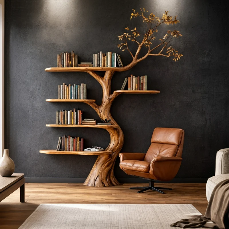 Spry Interior Rustic Solid Wood Tree Bookshelf, Handcrafted Sculptural Wall Mounted Branch Bookcase for Living Room, SINLKITB668