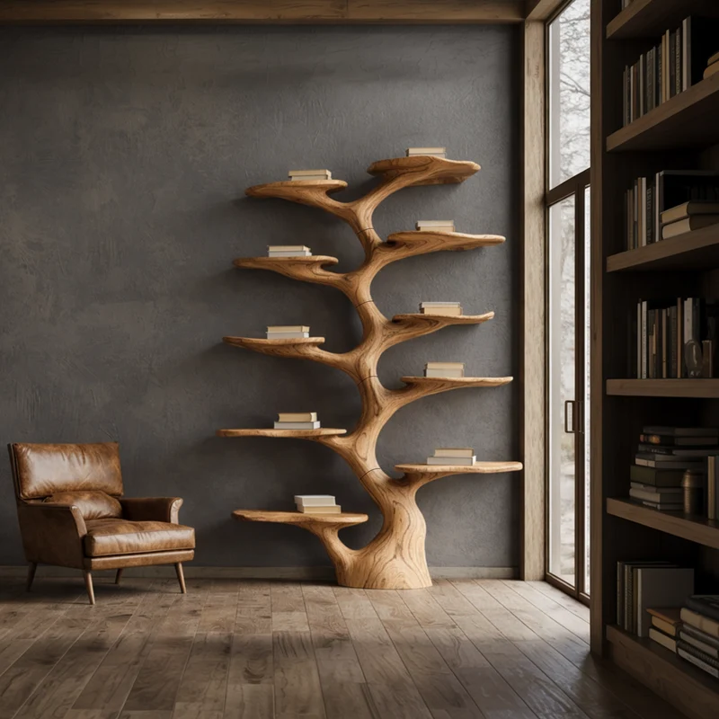 Spry Interior Rustic Solid Wood Tree Bookshelf, Handcrafted Vertical Wall Mounted Branch Display Bookcase for Living Room, SINLKITB667