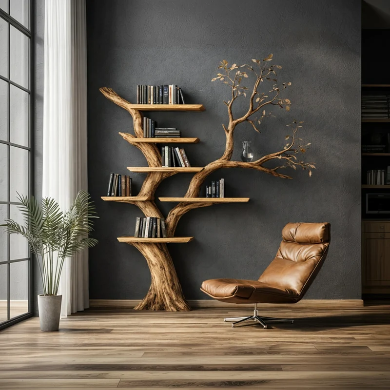 Spry Interior Handcrafted Solid Wood Tree Bookshelf, Unique Sculptural Wall Mounted Floating Branch Bookcase Statement Piece, SINLKITB666