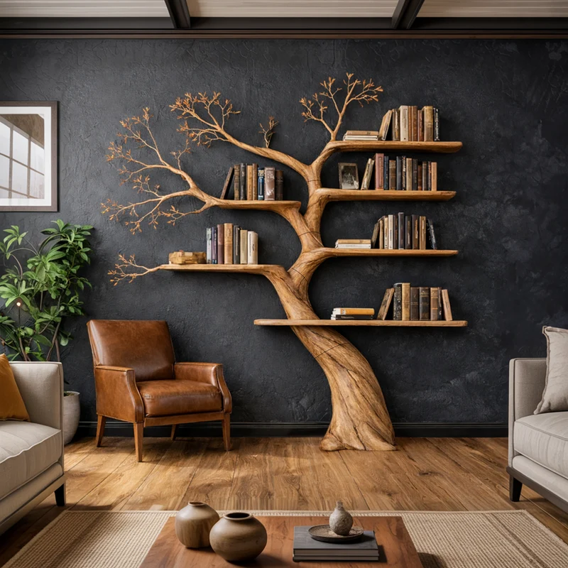 Spry Interior Sculptural Wood Tree Bookshelf, Architectural Wall Mounted Branch Bookcase and Art Display for Modern Living Room, SINLKITB665