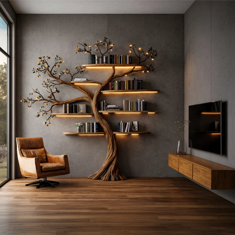 Spry Interior Sculptural Solid Wood Tree Bookshelf, Architectural Wall Floating Branch Display Bookcase for Living Room Art, SINLKITB663