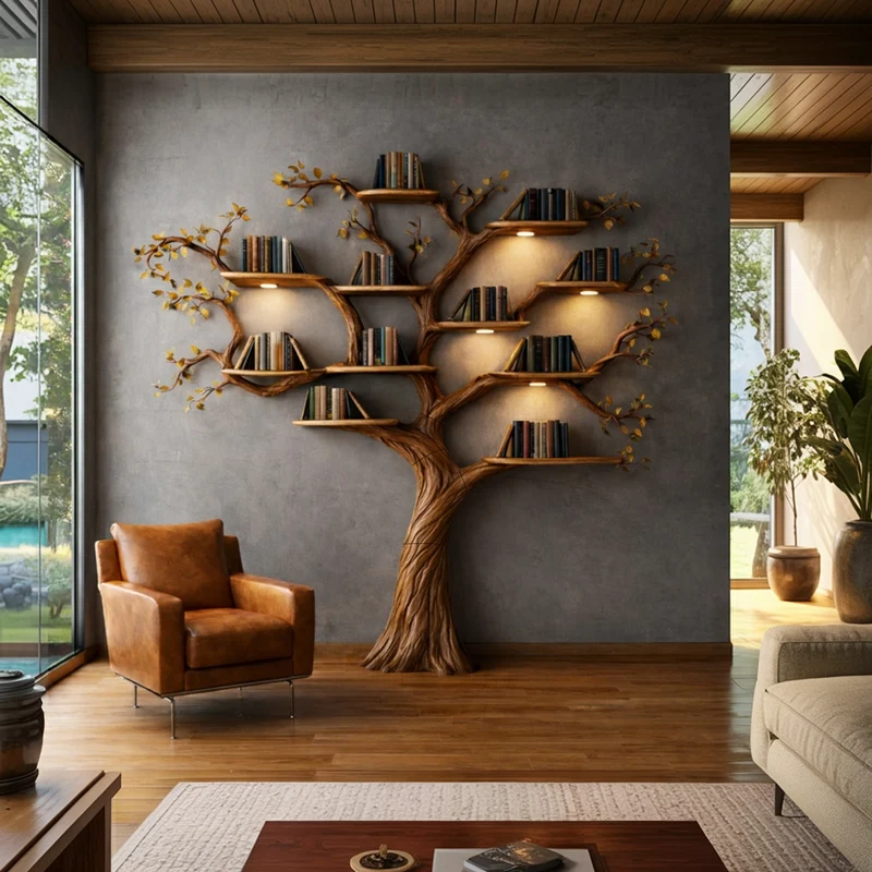 Spry Interior Rustic Wood Tree Bookshelf, Sculptural Handcrafted Wall Mounted Statement Branch Bookcase for Cozy Living Room, SINLKITB662