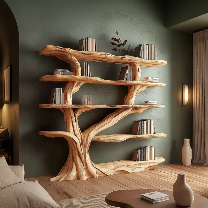 Spry Interior Rustic Organic Tree Bookshelf, Solid Wood Handcrafted Floating Branch Bookcase Storage for Living Room Wall Art, SINLSATB661