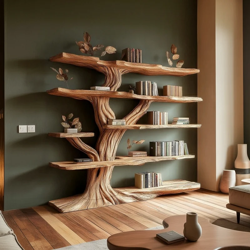 Spry Interior Rustic Sculptural Wood Tree Bookshelf, Handcrafted Wall Mounted Branch Bookcase for Living Room Art Display, SINLSATB660