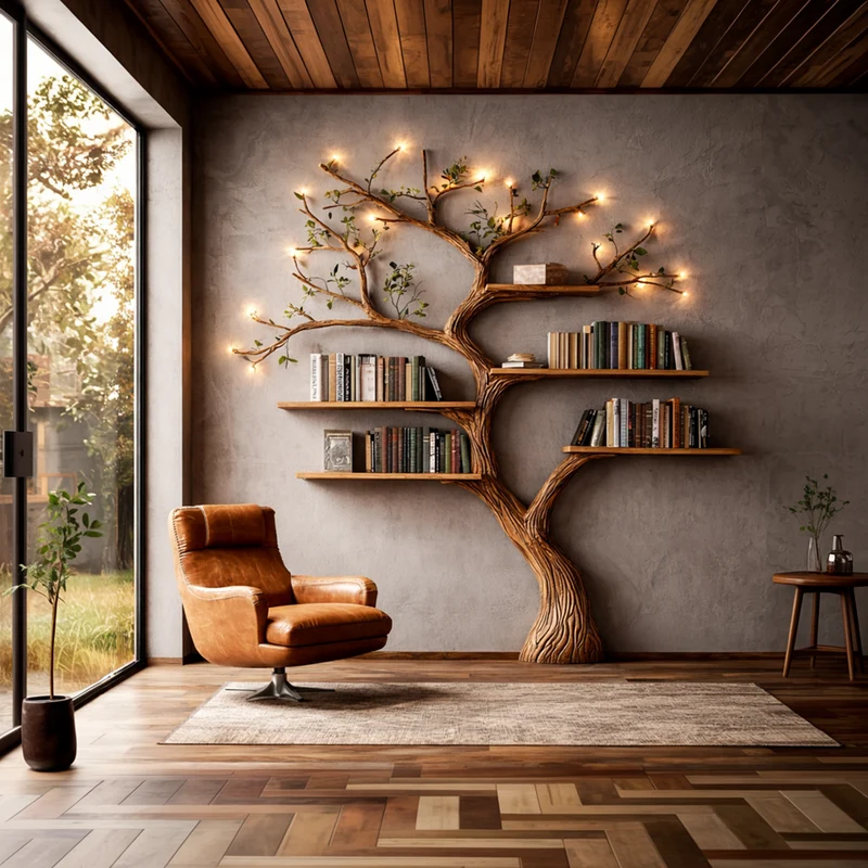Spry Interior Organic Modern Wall Mounted Tree Bookshelf, Handcrafted Solid Wood Floating Branch Bookcase for Living Room, SINLKITB677