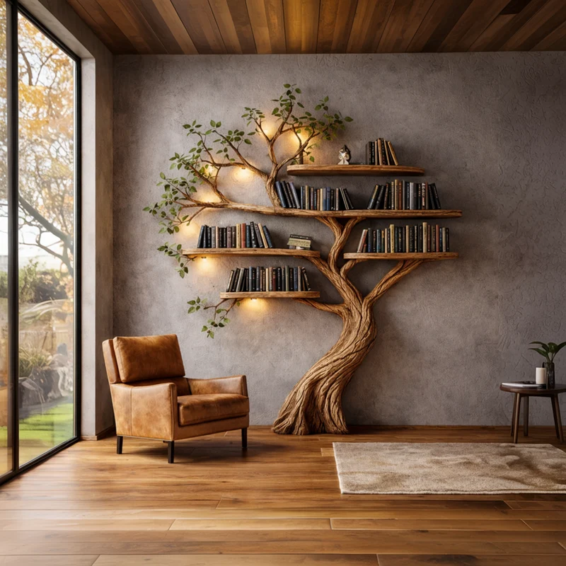 Spry Interior Organic Modern Sculptural Tree Bookshelf, Handcrafted Wood Floating Branch Bookcase Wall Display for Home Interior, SINLKITB674