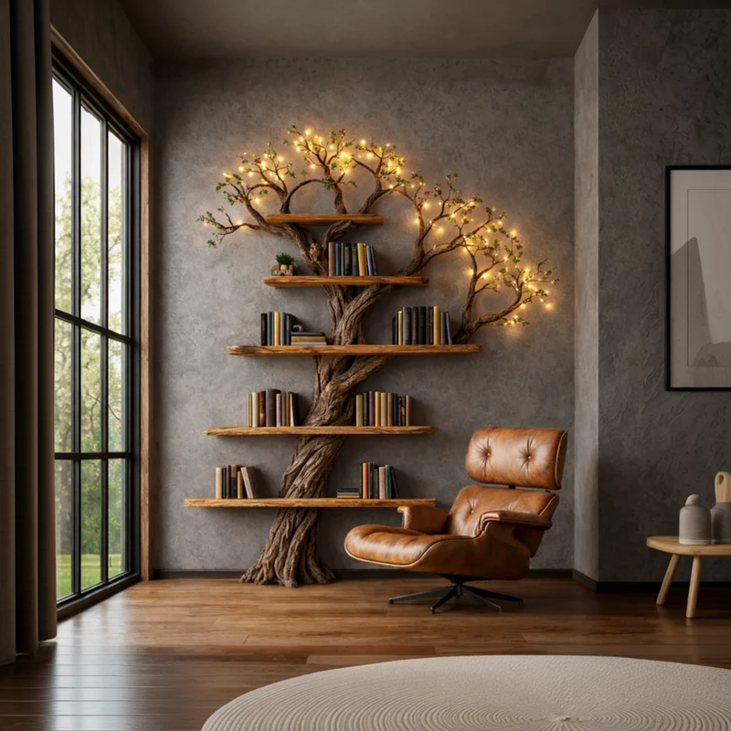 Spry Interior Sculptural Tree Bookshelf, Handcrafted Solid Wood Branch Wall Floating Bookcase Art Furniture for Living Room, SINLKITB673