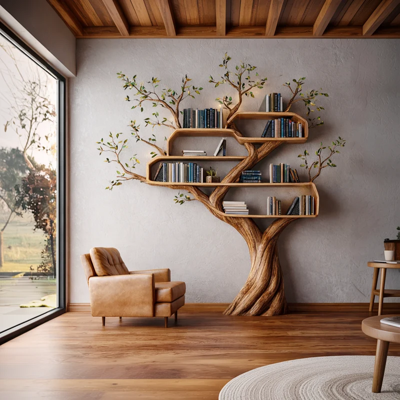 Spry Interior Modern Organic Tree Bookshelf, Handcrafted Solid Wood Contemporary Sculptural Floating Wall Bookcase Storage, SINLKITB671