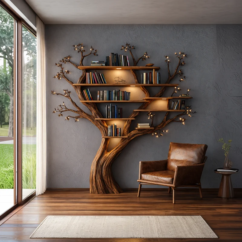 Nature Inspired Handcrafted Tree Bookshelf Living Room Interior Biophilic Wall Feature SINLKITB692