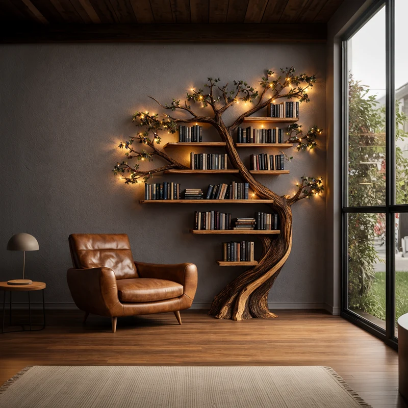 Spry Interior Rustic Tree Bookshelf, Solid Wood Handcrafted Floating Branch Wall Mounted Bookcase Storage for Living Room, SINLKITB691
