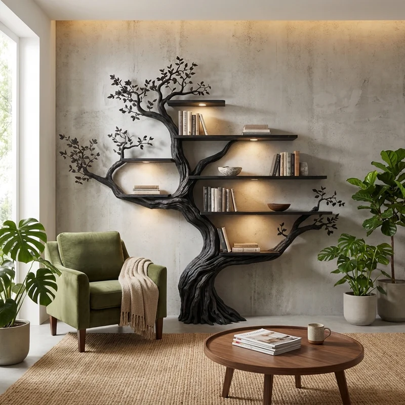 Spry Interior Modern Organic Tree Bookshelf, Flowing Sculptural Solid Wood Wall Mounted Floating Branch Bookcase for Living Room, SINLKITB690
