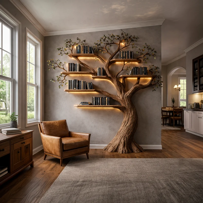 Spry Interior Rustic Nature Inspired Tree Bookshelf, Handmade Solid Wood Floating Wall Mounted Branch Bookcase for Living Room, SINLKITB686