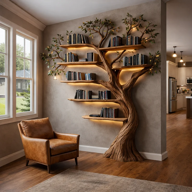 Spry Interior Rustic Woodland Wood Tree Bookshelf, Handcrafted Wall Mounted Floating Branch Bookcase for Living Room Storage, SINLKITB685