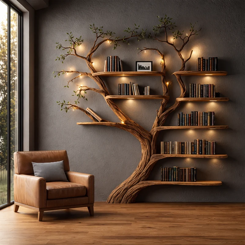 Spry Interior Rustic Organic Wood Tree Bookshelf, Handcrafted Wall Mounted Floating Branch Bookcase Wall Art Decor for Home, SINLKITB684