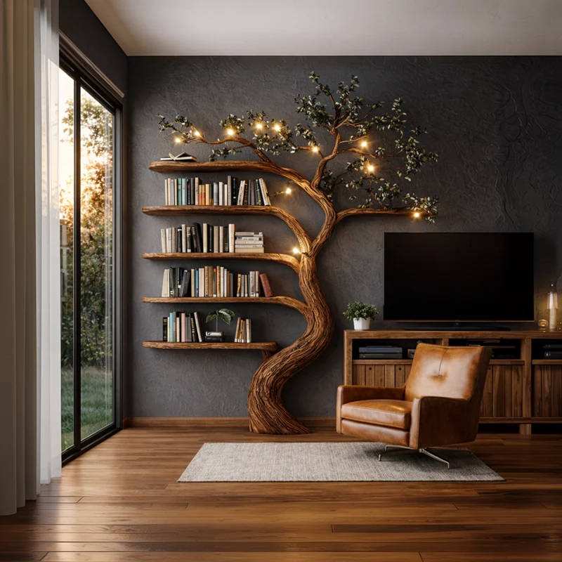 Rustic Hand Carved Tree Bookshelf Artistic Storage For Living Room SINLKITB683