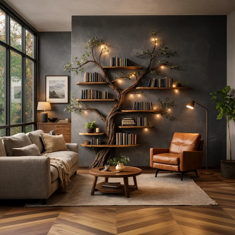 Rustic Sculptural Tree Bookshelf Handcrafted For Living Room SINLKITB682