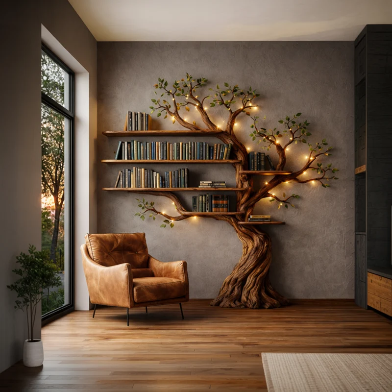 Rustic Farmhouse Tree Bookshelf For Living Room SINLKITB681