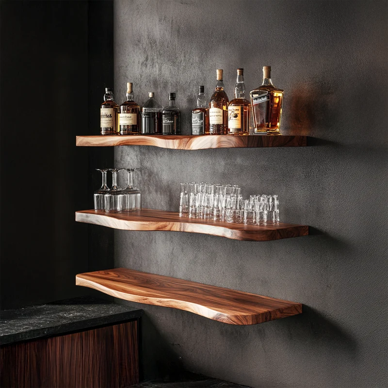 Nature Inspired Live Edge Bar Shelf Solid Wood Home Bar Interior Statement Decor SINLSAFL424