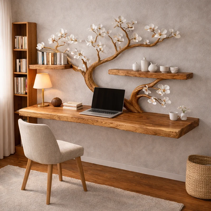 Spry Interior Organic Tree Branch Wall Mounted Floating Desk, Solid Wood Sculptural Home Office Workspace, SINLKIDK088