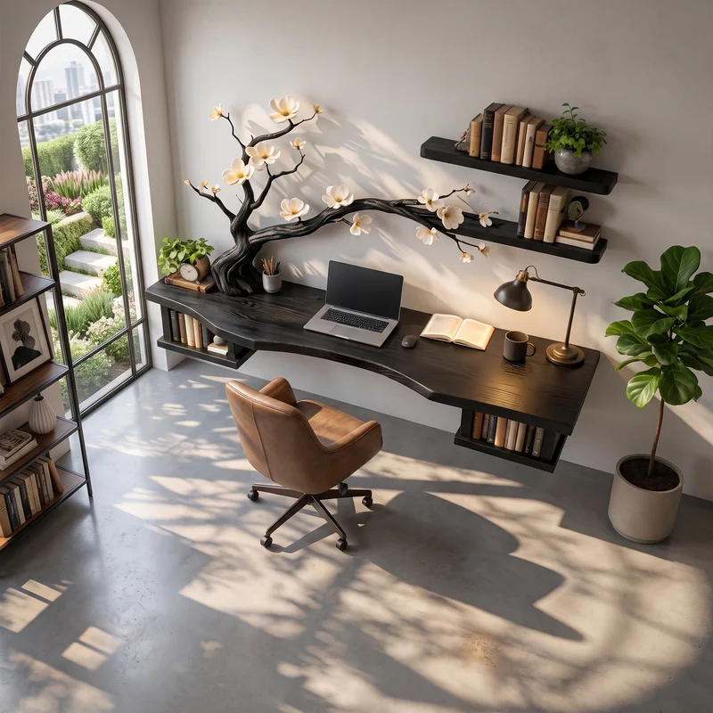 Organic Sculptural Floating Desk With Tree Branch Art For Home Office SINLKIDK087