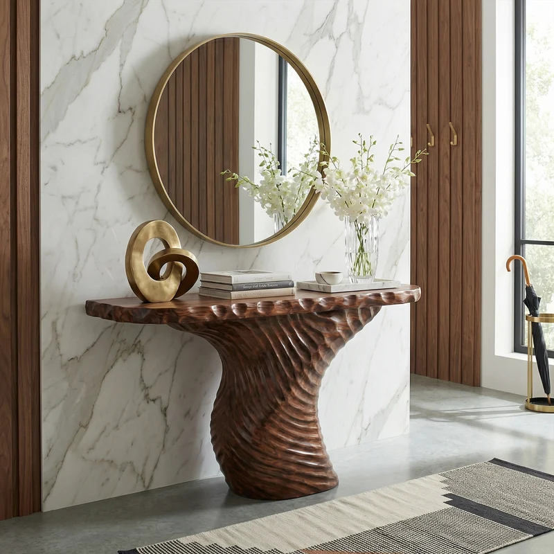 Spry Interior Rustic Ribbed Sculptural Console Table, Solid Wood Sofa Back & Entryway Accent Table for Living Room, SINLKICS518