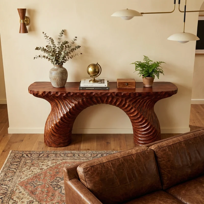 Spry Interior Rustic Ribbed Arch Wood Console Table, Handcrafted Narrow Entryway & Hallway Accent Table, SINLKICS517