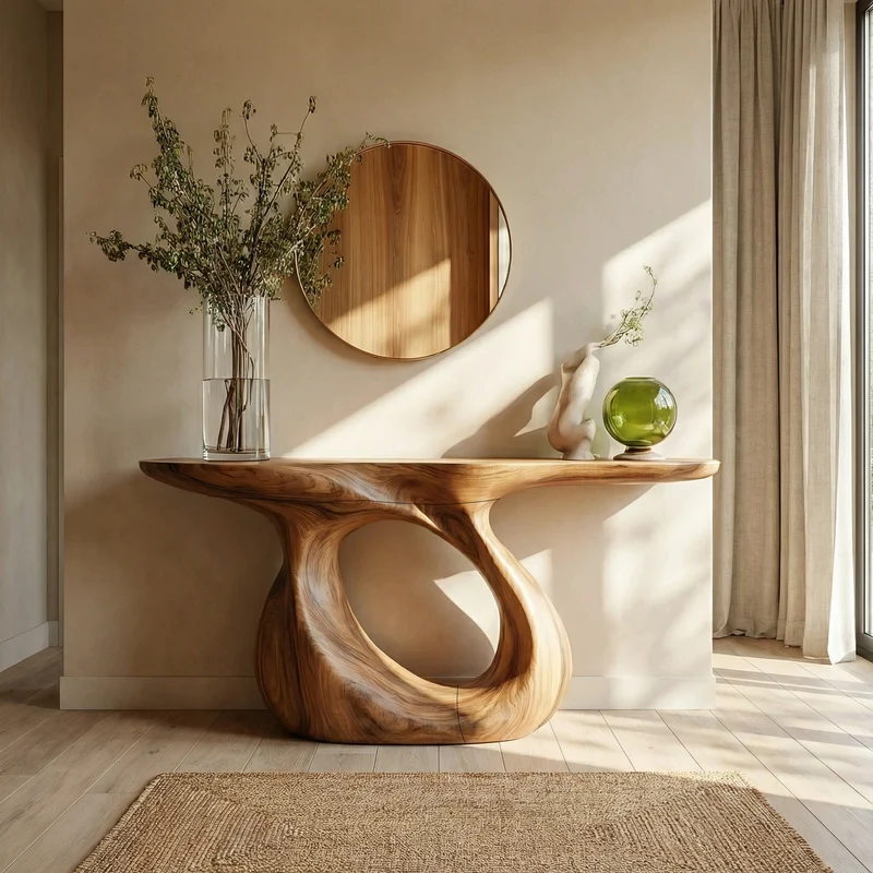 Spry Interior Organic Ring Base Wood Console Table, Sculptural Entryway, Hallway & Sofa Back Table for Living Room, SINLKICS504