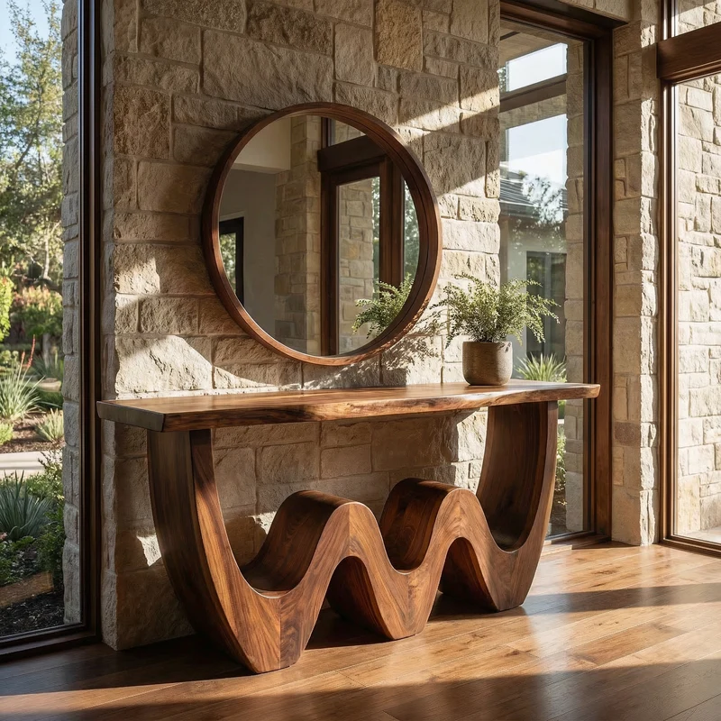 Spry Interior Rustic Triple Wave Wood Console Table, Sculptural Entryway, Hallway & Sofa Back Table, SINLKICS501
