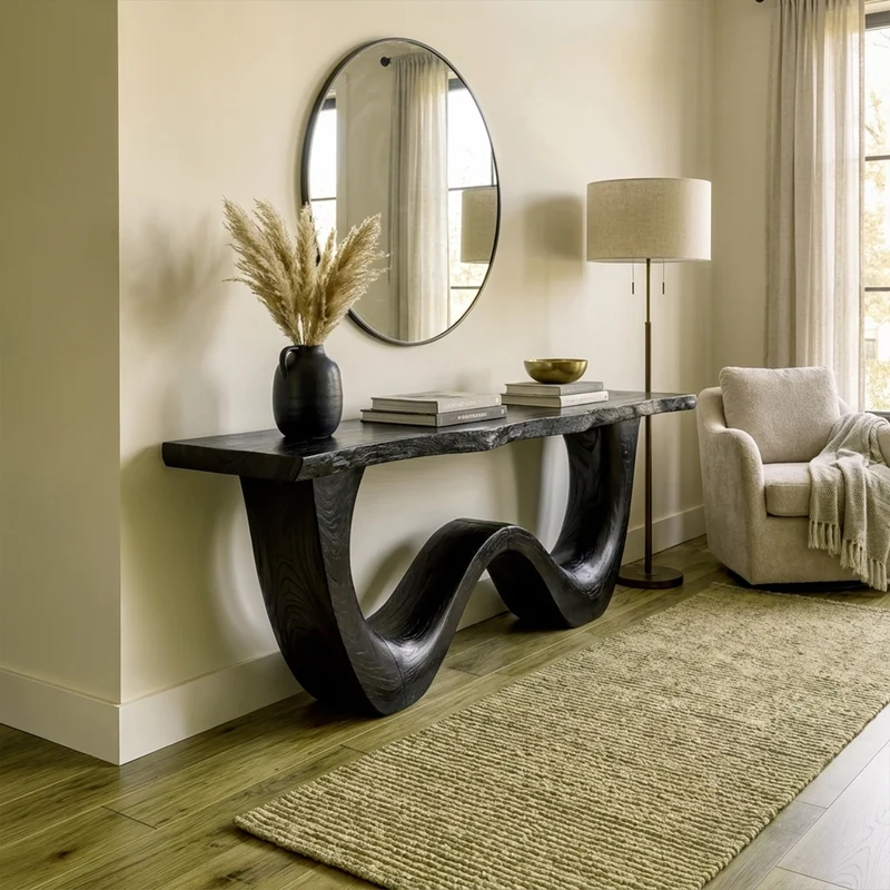 Spry Interior Organic Wave Base Wood Console Table, Sculptural Entryway, Hallway & Sofa Back Table, SINLKICS497