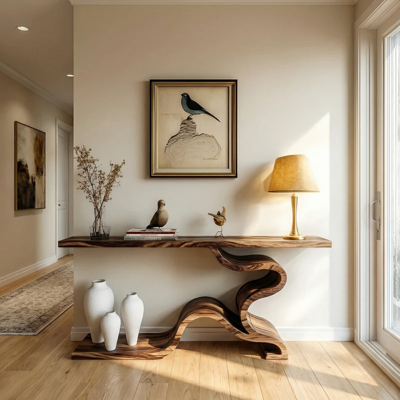 Spry Interior Sculptural S-Curve Wood Console Table, Handcrafted Sofa Back & Entryway Accent Table, SINLKICS495