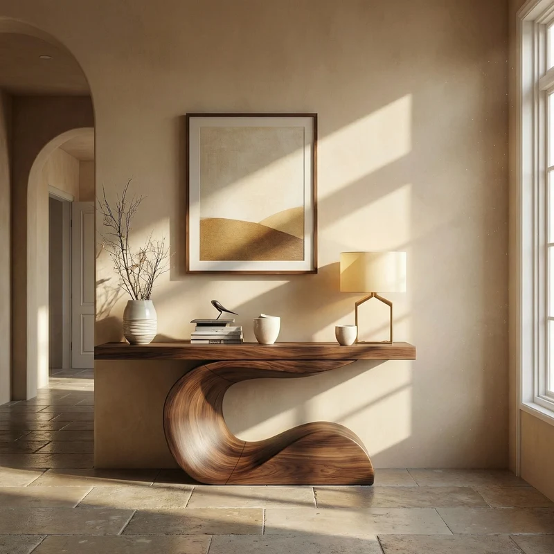 Spry Interior Modern Curved Sculptural Console Table, Solid Wood Entryway, Hallway & Sofa Back Accent Table, SINLKICS493