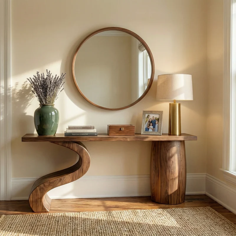 Spry Interior Contemporary Wave Base Wood Console Table, Sculptural Entryway, Hallway & Sofa Back Table, SINLKICS492