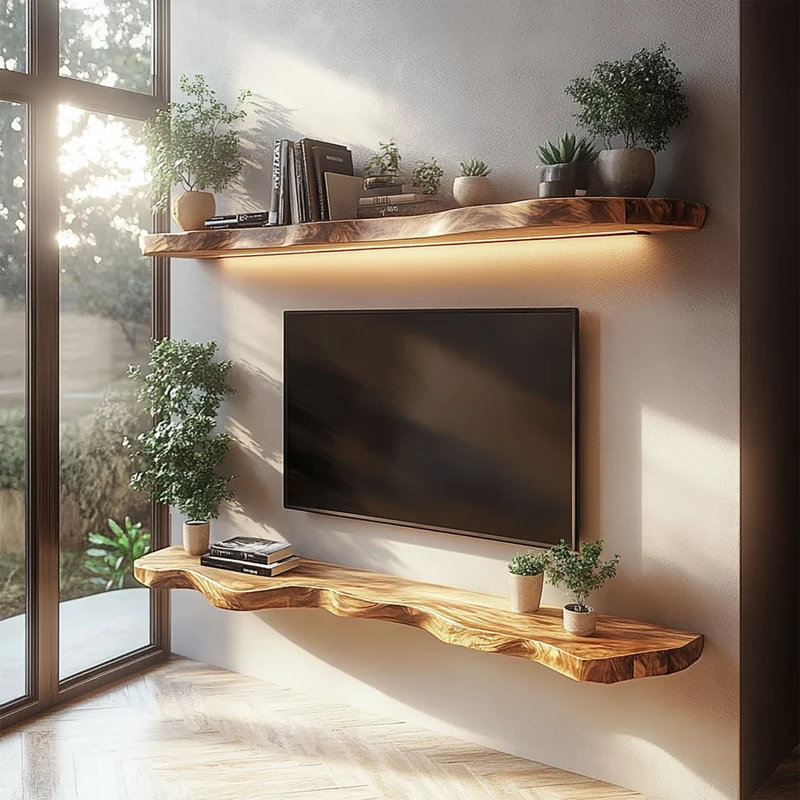 Rustic Sculptural Floating TV Console Shelf Solid Wood Living Room Interior Feature Furniture SINLKIFL412