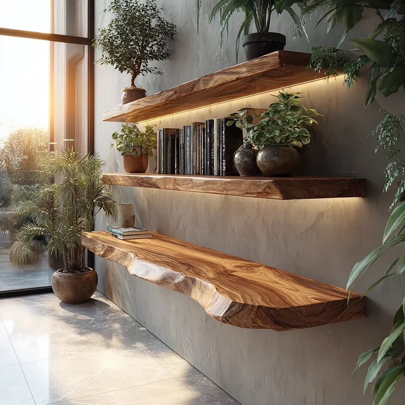 Rustic Handcrafted Live Edge Wall Shelves Solid Wood Living Room Interior Statement Feature SINLKIFL411