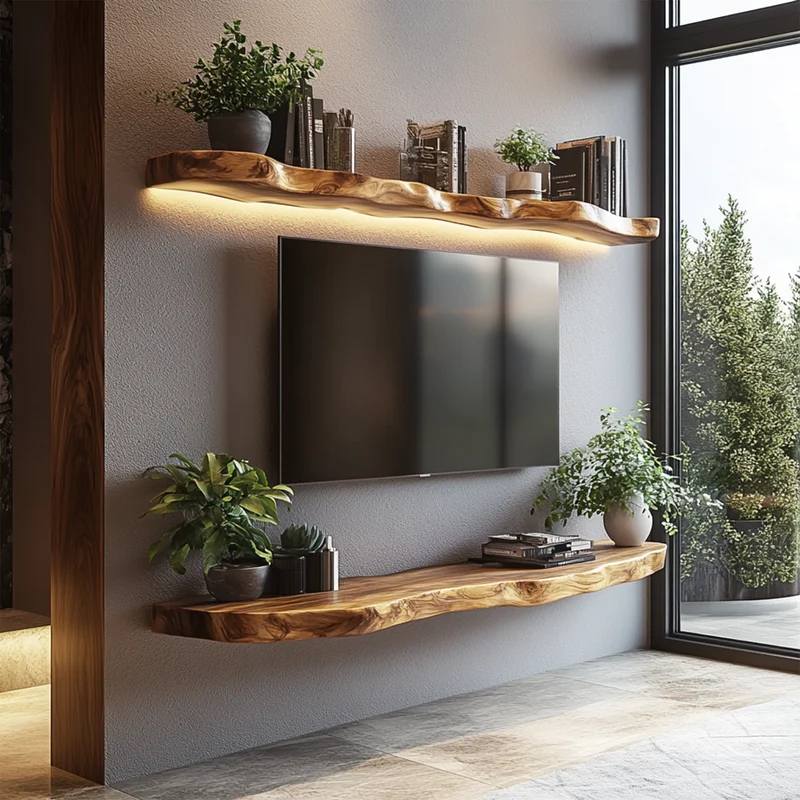 Rustic Handcrafted Live Edge Media TV Shelf Solid Wood Living Room Interior Statement Decor SINLKIFL410
