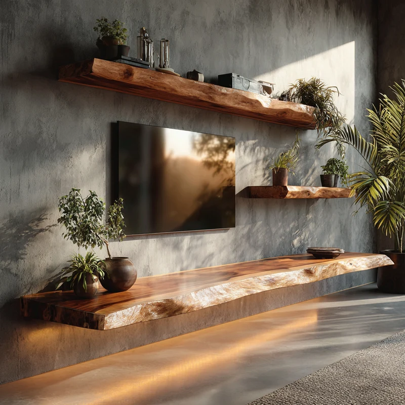 Rustic Live Edge Floating Media Shelf Solid Wood Living Room Interior Wall Mounted SINLKIFL408