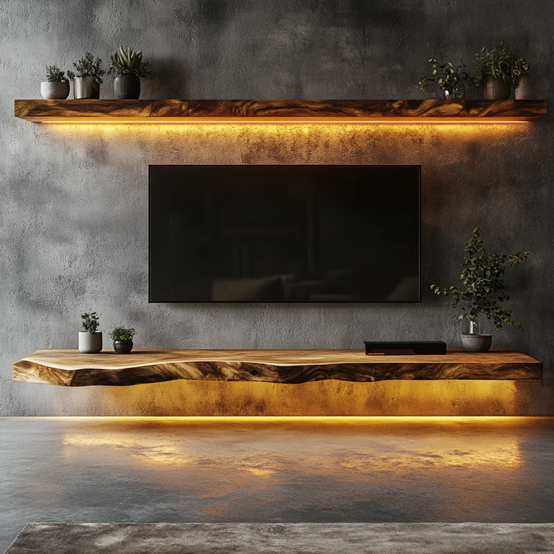 Rustic Organic Floating TV Shelf Solid Wood Living Room Interior Entertainment Display SINLKIFL407
