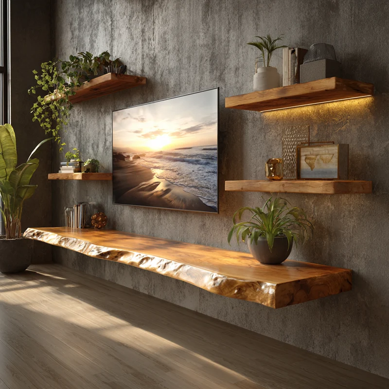 Rustic Organic Floating TV Shelf Solid Wood Living Room Interior Entertainment Display SINLKIFL406