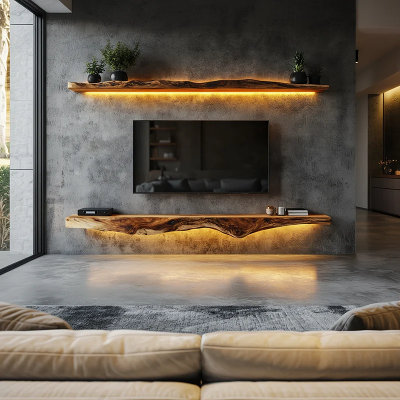 Rustic Artistic Live Edge Floating TV Shelf Solid Wood Living Room Interior Signature Furniture SINLKIFL405
