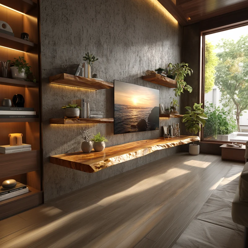 Rustic Artistic Live Edge Floating TV Shelf Solid Wood Living Room Interior Signature Furniture SINLKIFL404