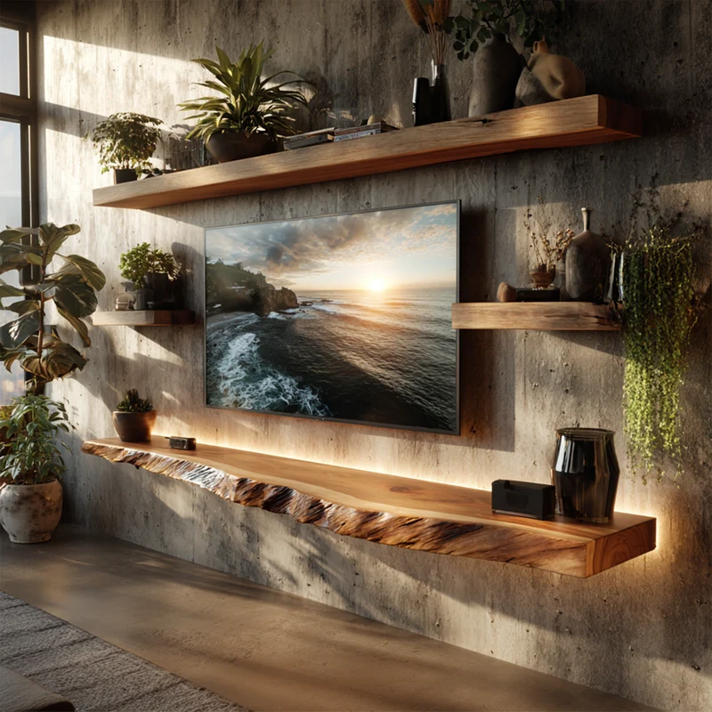 Artistic Live Edge Floating TV Shelf Solid Wood Living Room Interior Signature Furniture SINLKIFL403