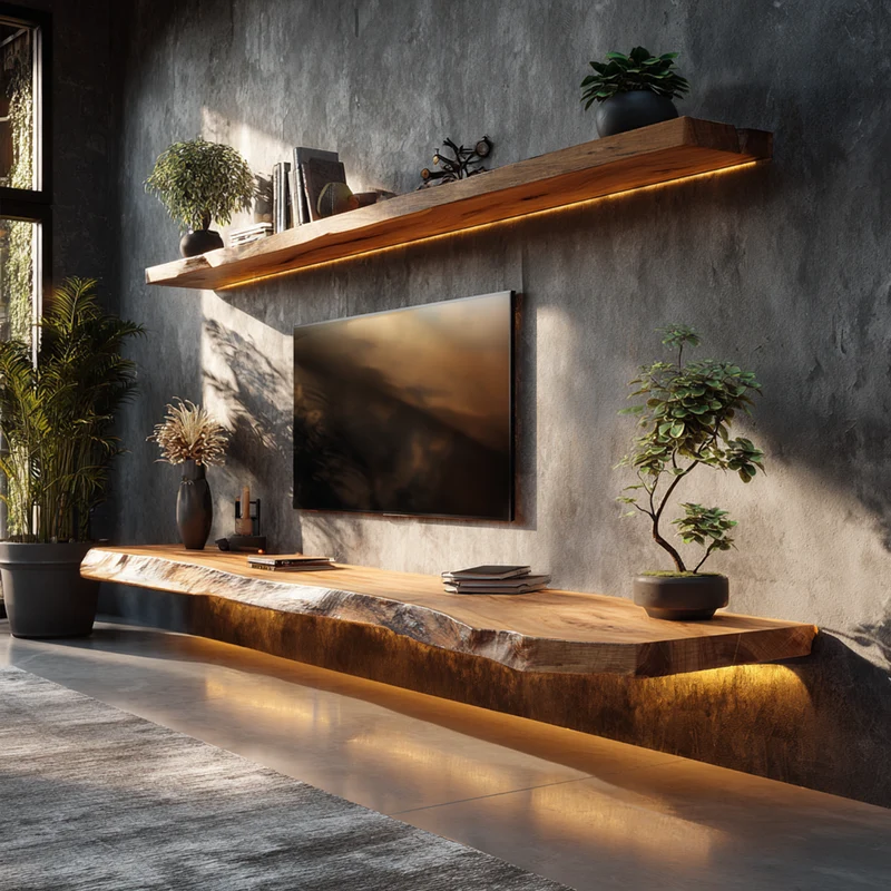 Handcrafted Live Edge Media Shelf Solid Wood Living Room Interior Architectural Feature SINLKIFL400