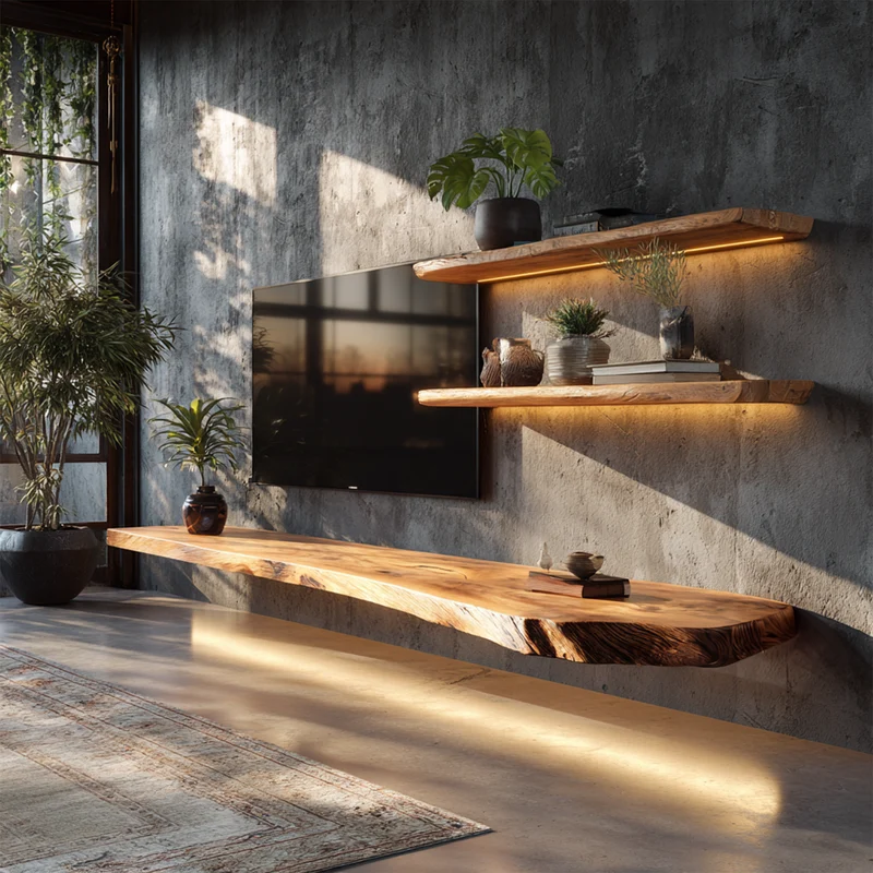 Organic Solid Wood TV Wall Shelf Soft Glow Interior Decor SINLKIFL399