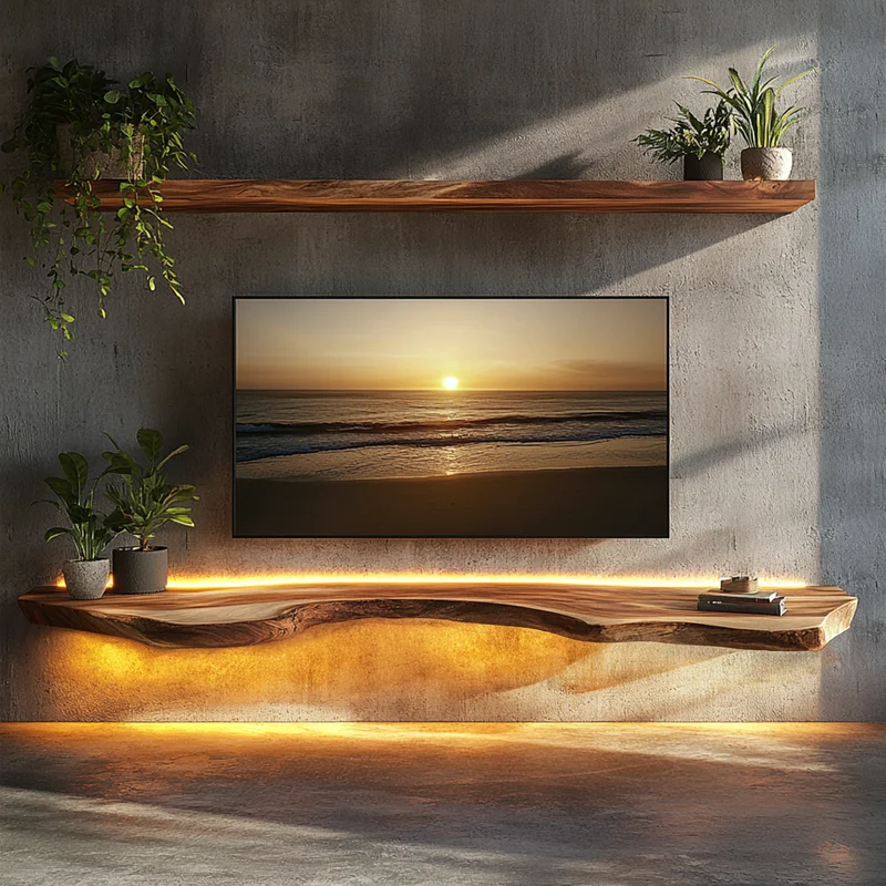 Illuminated Solid Wood Floating TV Shelf Modern Living Room Interior SINLKIFL397