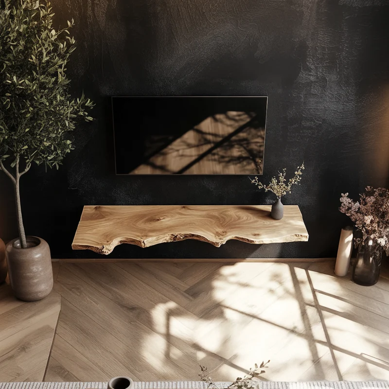 Spry Interior Organic Live Edge Solid Wood TV Shelf, Floating Wall Mounted Media Console and Entertainment Center Cabinet, SINLSAFL363