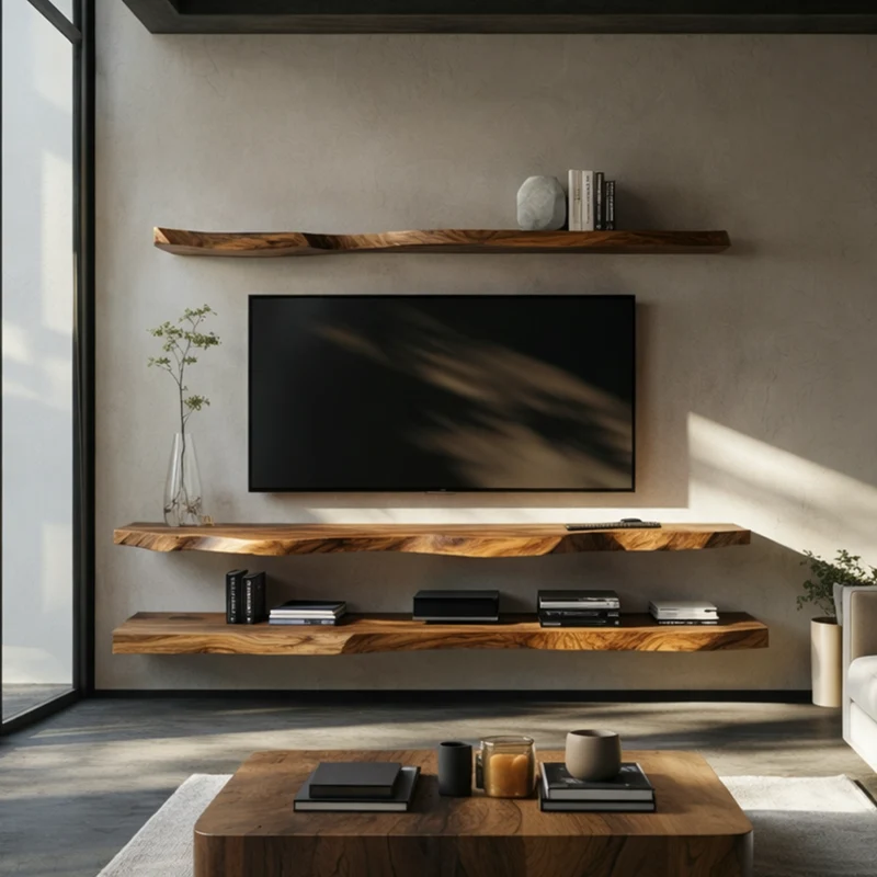 Rustic Live Edge Floating Media Shelf Solid Wood Living Room Interior Wall Mounted SINLKIFL426